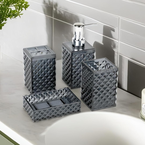 Набор аксессуаров 4в1 для ванной и душа, дозатор для мыла, мыльница, стаканы,материал акрил прозрачно-серый Каменец-Подольский