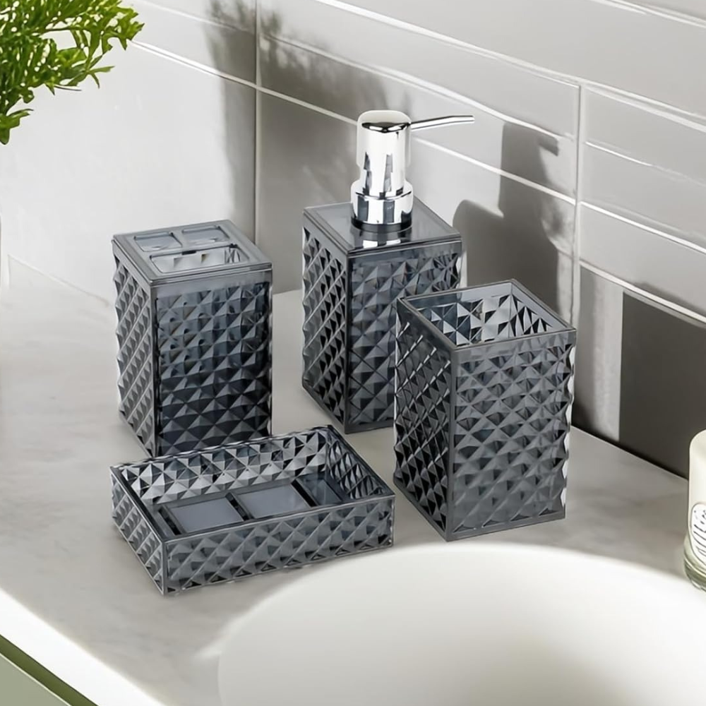 Набор аксессуаров 4в1 для ванной и душа, дозатор для мыла, мыльница, стаканы,материал акрил прозрачно-серый Каменец-Подольский - изображение 1