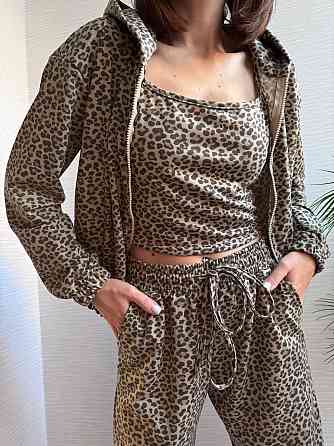 Жіночий леопардовий костюм-трійка з подвійним капюшоном двонитка Коричневий, 46/48 Одеса