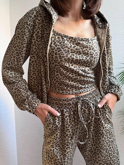 Жіночий леопардовий костюм-трійка з подвійним капюшоном двонитка Коричневий, 46/48 Одеса - фото 3