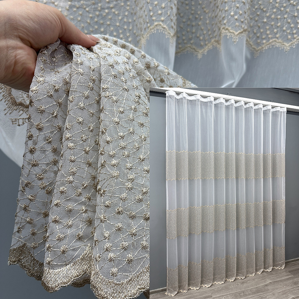 Тюль VR-Textil 1655т Бамбук с вышивкой и люрексом Молочный с капучино 300х270 см (42-0659) Киев - изображение 1