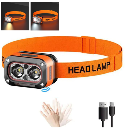 Налобний фонар G08-2XPG, Білий; Жовтий, LED Червоний, Датчик руху, Li-Ion акумулятор, ЗУ Type-C Дніпро