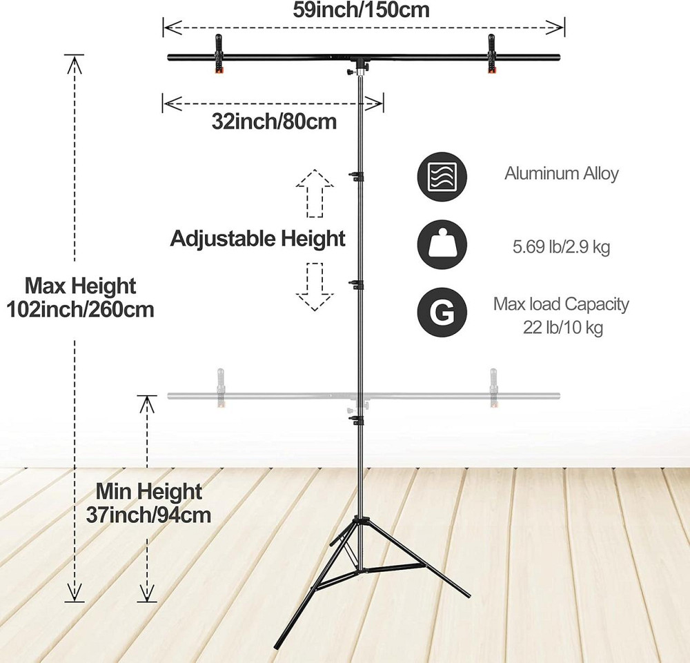 Фон для фотозйомки EMART White Background with Stand 1.5×2.6 м білий T-підстава регульована 94–260 см комплект з кліпсами і сумкою Київ - фото 7