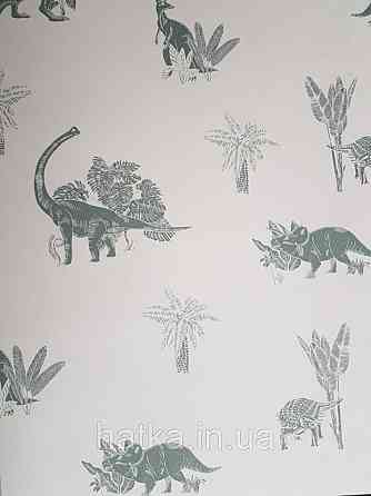 Обои флизелиновые детские  Caselio Our Planet животные динозавры пальмы папоротник серые на белом фоне Киев