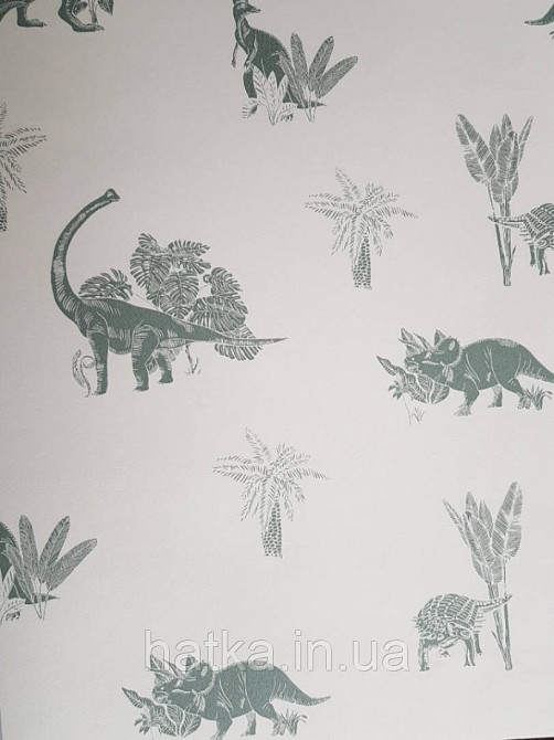Обои флизелиновые детские  Caselio Our Planet животные динозавры пальмы папоротник серые на белом фоне Киев - изображение 1