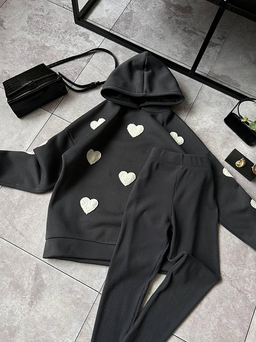 Жіночий теплий прогулянковий костюм-двійка з сердечками тринитка на флісі + ангора рубчик Графіт, 50/52 Одеса - фото 3