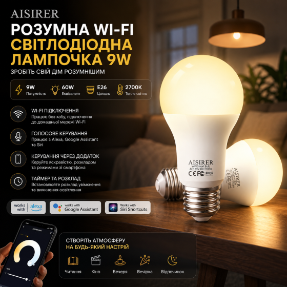 Умная светодиодная Wi-Fi лампочка AISIRER 9W (60W) E26, Smart Home, Голосовое управление, Alexa/Google/Siri Киев
