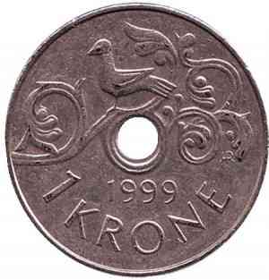 Птица на виноградной лозе. Монета 1 крона. 1999 год, Норвегия.(АС) Полтава