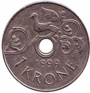Птица на виноградной лозе. Монета 1 крона. 1999 год, Норвегия.(АС) Полтава - изображение 1