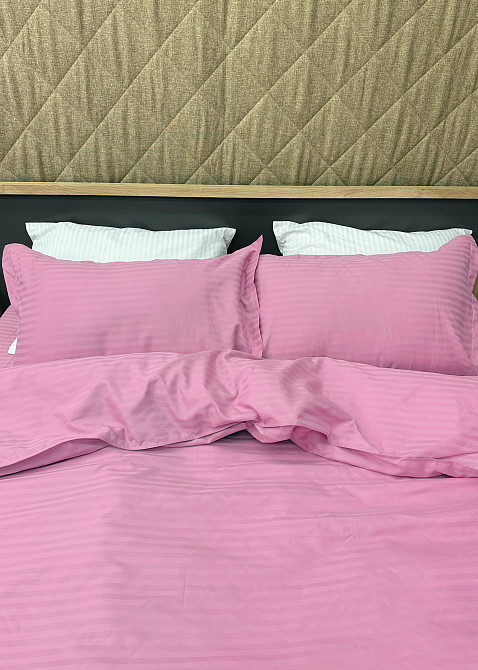 Комплект постільної білизни Страйп-сатин Євро 200х230 з простирадлом на резинці Рожевий (88-180) Київ - фото 5