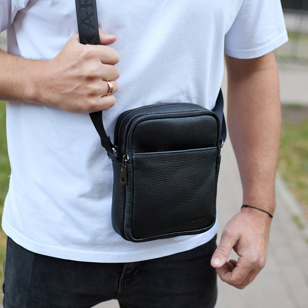 Чоловіча барсетка через плече, зернистая кожа 20х16х6, месенджер для міста, сумка для телефону та документів, чорна Кам'янське - фото 7