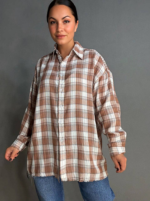 Рубашка женская A-N 27069 оверсайз двухслойная в клетку с бахромой, коричневый, one size Киев - изображение 11