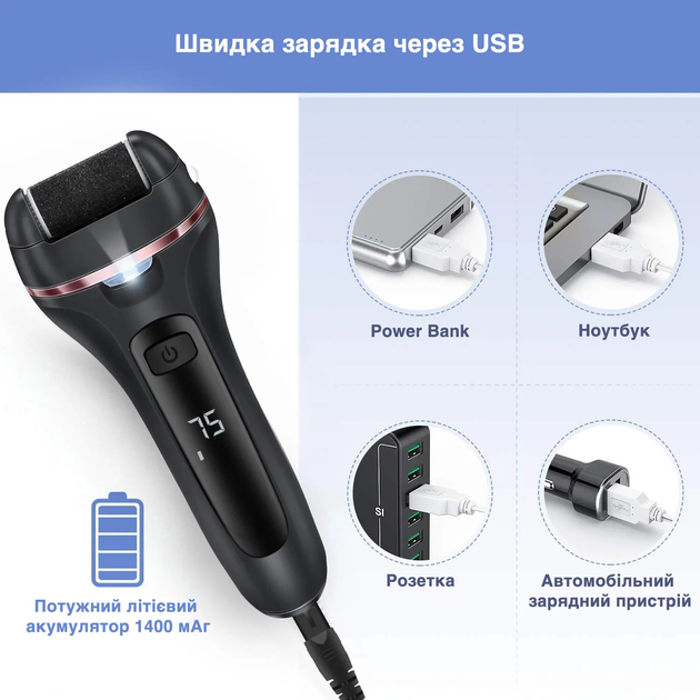 Електрична пемза для ніг OEM T001 3 Вт акумуляторна роликова пилка з LED, 2 швидкості, водонепроникна, набір для педикюру Київ - фото 5