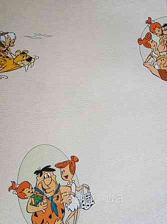 Обои виниловые на флизелине AdaWall Ada Kids метровые детские мультфильм Флинтстоуны герои на желто бежевом Киев