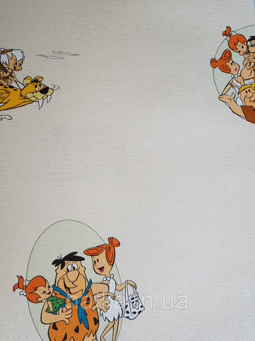 Шпалери вінілові на флізеліні AdaWall Ada Kids метрові дитячі мультфільми Флінтстоуни герої на жовтому бежевому Київ - фото 1