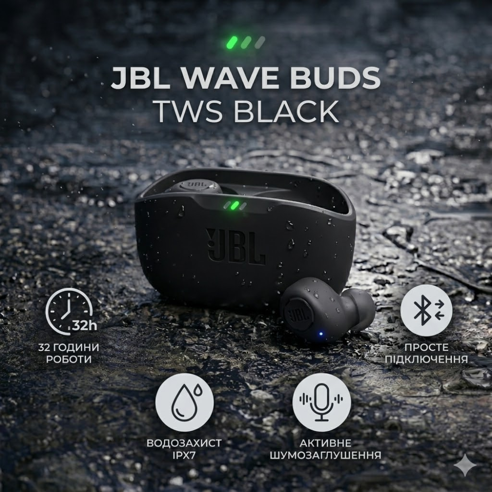 Наушники JBL Wave Buds TWS Black, Bluetooth 5.3, ANC, 48 ч, IP54, 4 микрофона, JBL Pure Bass Киев - изображение 2