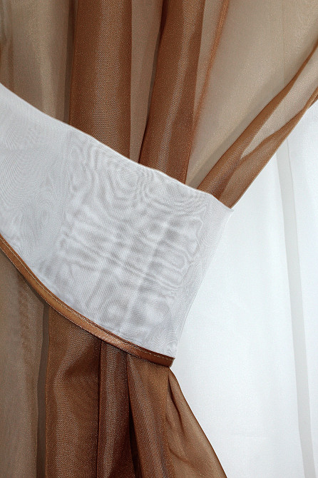 Кухонний комплект VR-Textil № 058к шторки і тюль з ламбрекеном коричневий з білим 270х170 см (50-678) Київ - фото 3