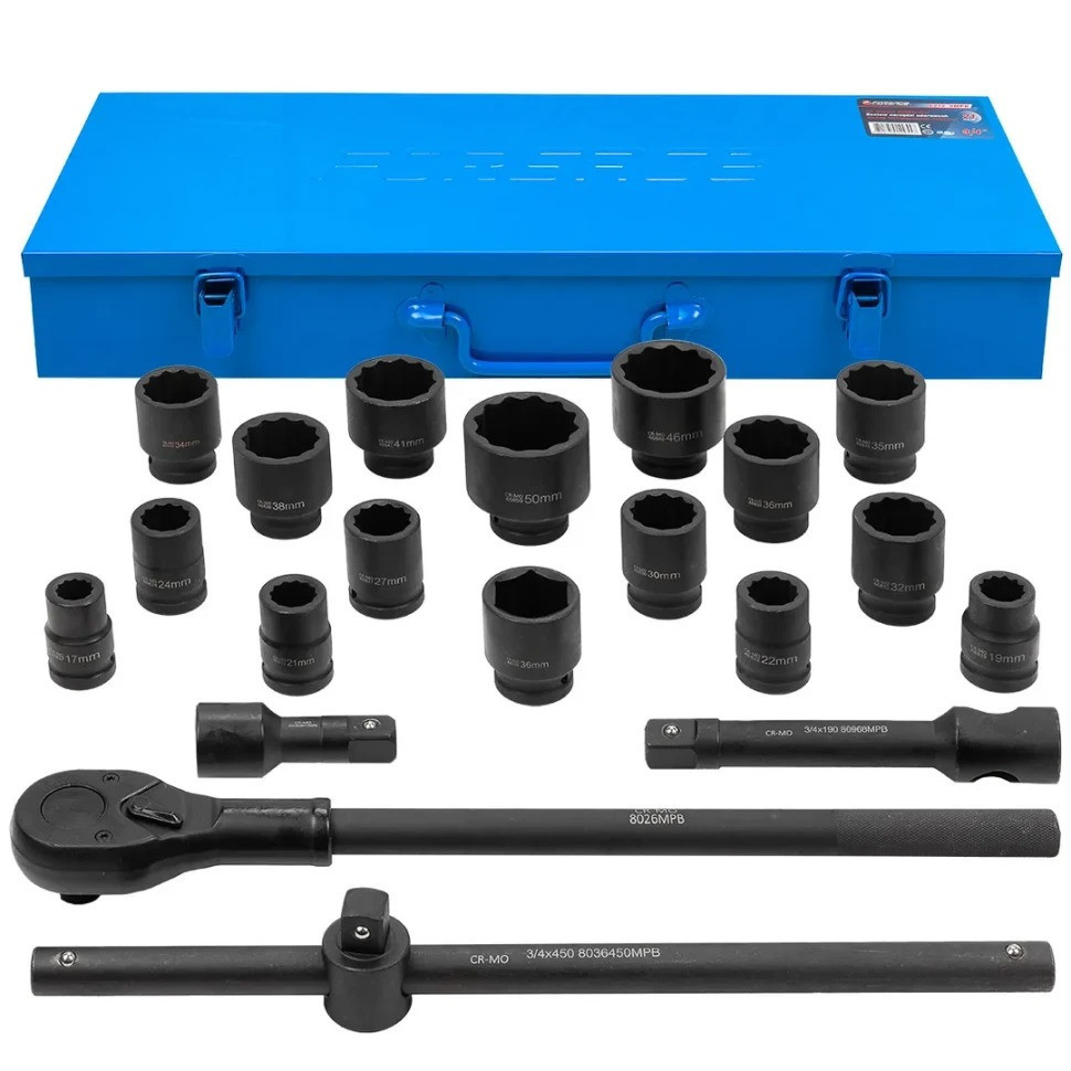 Набір ударних інструментів 3/4'', 12гр, 21пр(17,19,21,22,24,27,30,32,34,35,36,36-6гр,38,41,46,50мм), в метал .кейсі FORSAGE Одеса - фото 2