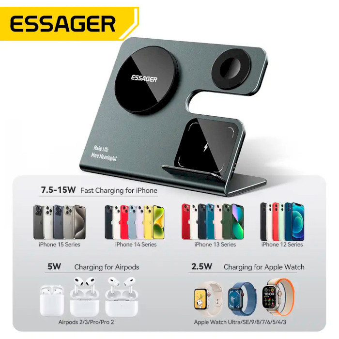 Бездротовий мультизарядний пристрій Essager Ruicheng desktop magnetic suction 15W (3 in 1) black Одеса - фото 7