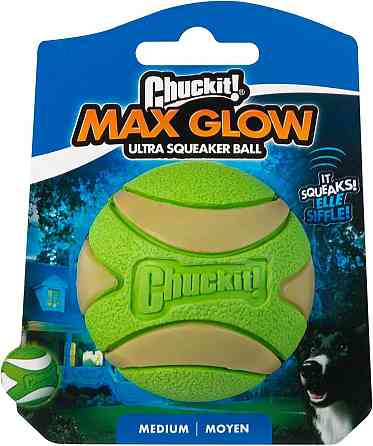Мячик для собак Chuckit Max Glow Ultra Squeaker игрушка с пискавкой и сияющими вставками в темноте, размер М Винница