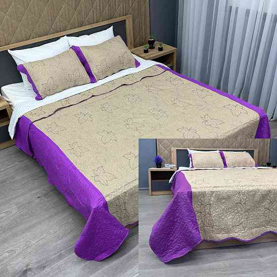 Покривало стьобане з наволочками Expo Trade листя 220x220 (+-10 см) бежевий з лавандовим (85-148) Київ