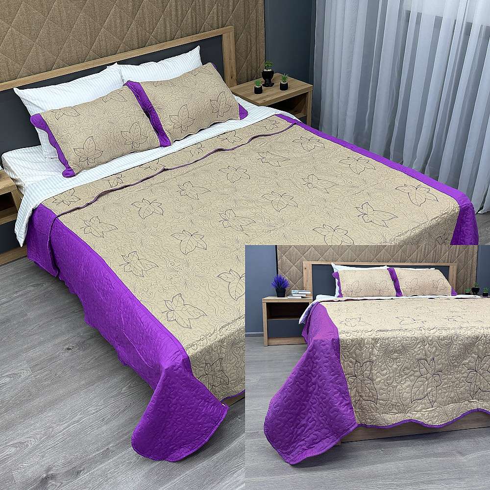 Покривало стьобане з наволочками Expo Trade листя 220x220 (+-10 см) бежевий з лавандовим (85-148) Київ - фото 1