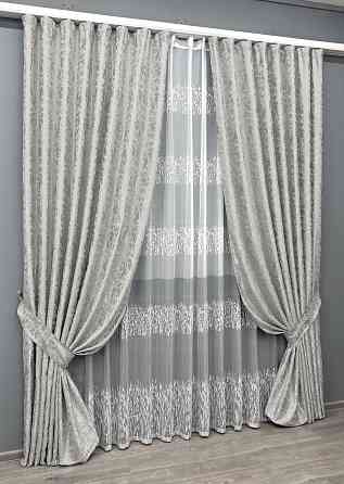Комплект штор VR-Textil Лен Мрамор 100х270 2шт и Тюль 400х270 1263ш-1675т Светло-серый с белым 71-168/2 Киев