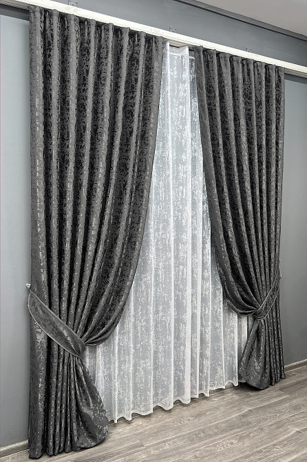 Комплект штор VR-Textil Льон Мармур 150х270 2шт і Тюль 500х270 1267ш-1400т Сіро-коричневий з білим 71-140/4 Київ - фото 2