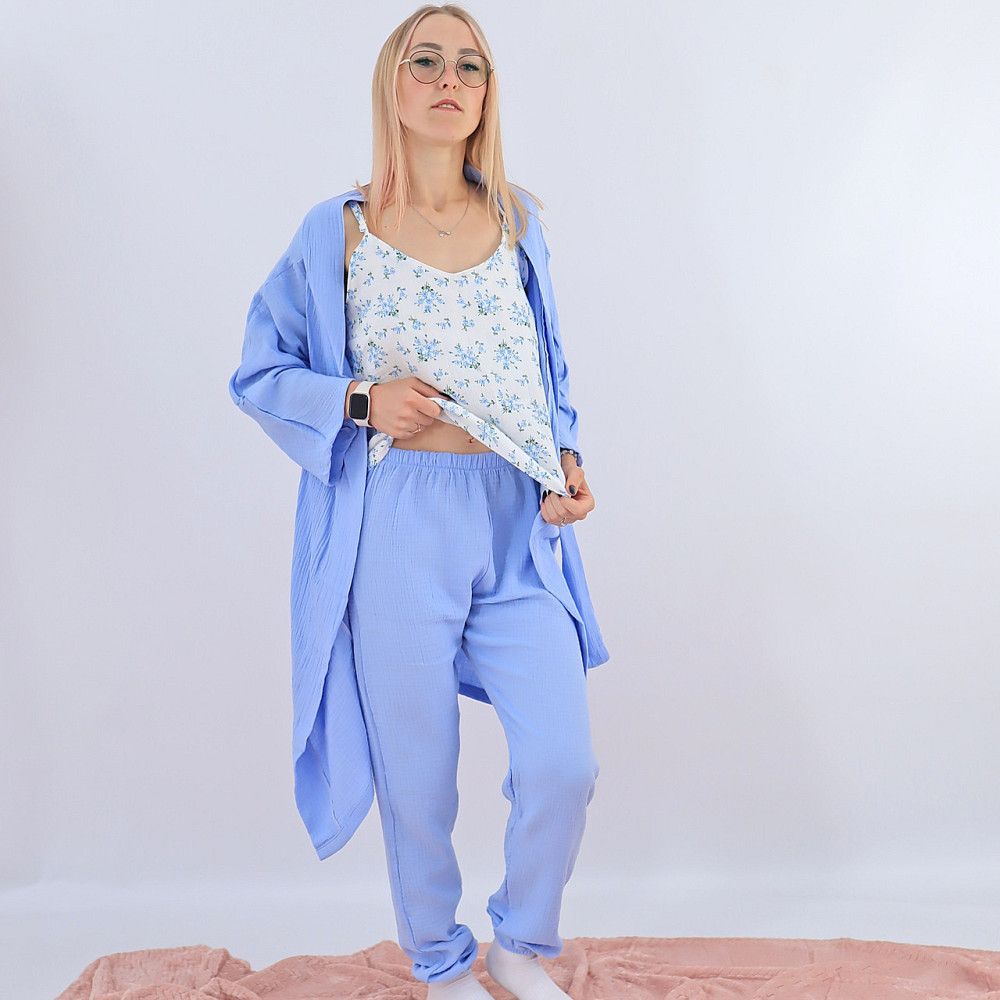 Бавовняна блакитна жіноча піжама три в одному майка з квіточками + штани +халат 44/46 Кам'янець-Подільський - фото 5