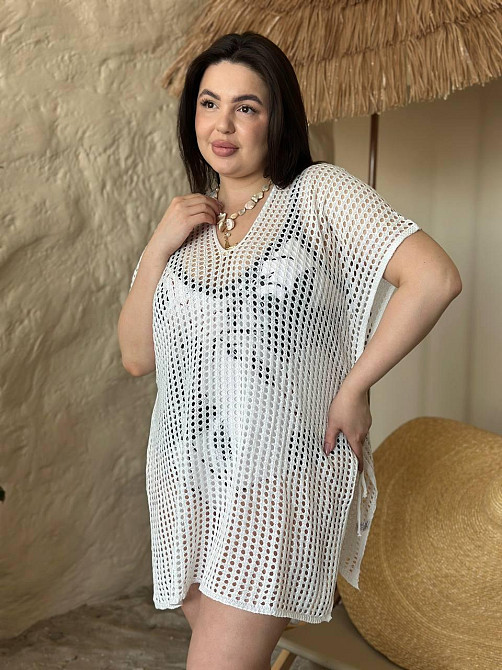 Пляжна туніка жіноча великого розміру накидка на купальник PLUS SIZE ажурна коротка вільного крою біла Одеса - фото 15