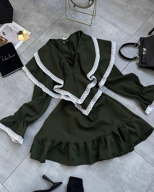 Женское романтичное платье с длинным рукавом костюмка + кружево Хаки, 44/46 Одесса - изображение 4