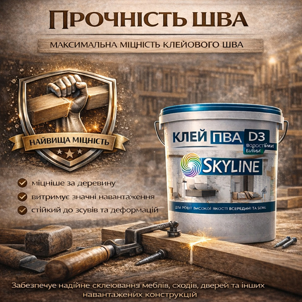 Клей ПВА D3 SkyLine 10 кг столярний підвищеної водостійкості промисловий для виробництва меблів, термостійкий до +100°С Харків - фото 6