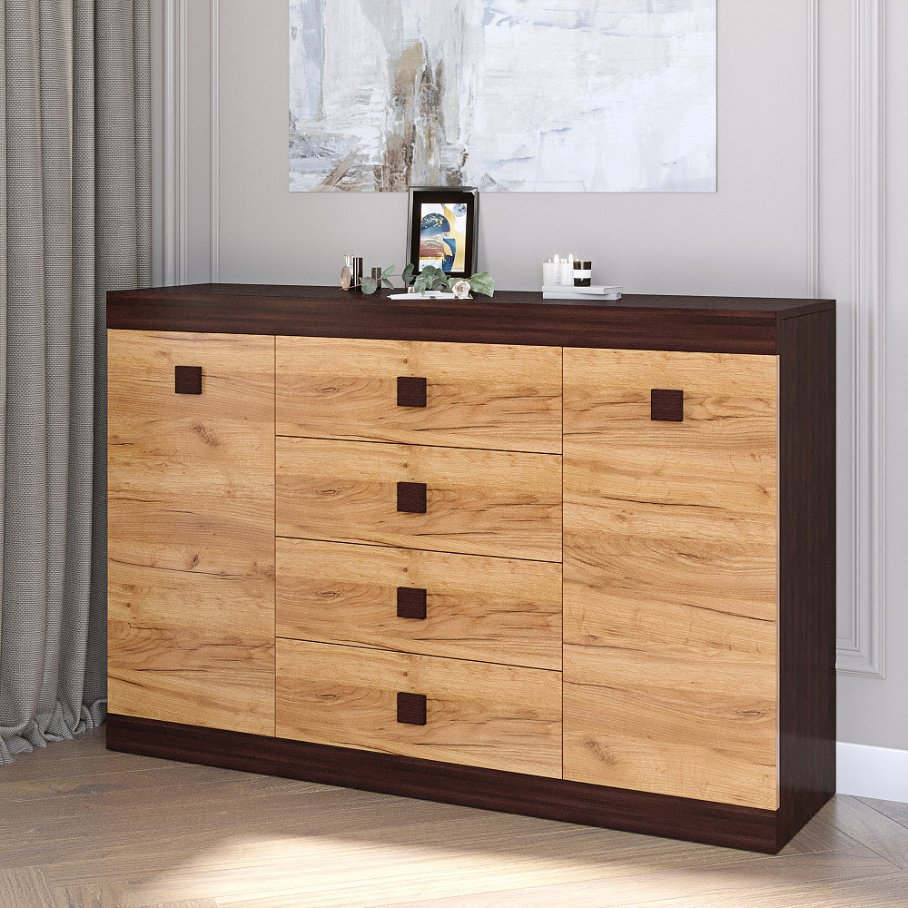 Великий комод Еверест на 4 ящики Соната-8 140х38х94 венге темний + дуб крафт золотий (DTM-2014) Дніпро - фото 1