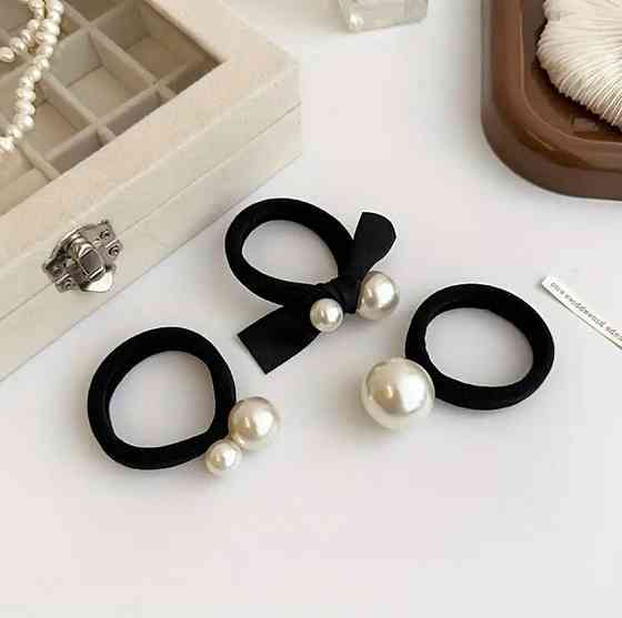 Набор резинок для волос с жемчужинами и бантом – 5 шт, чёрные аксессуары Киев