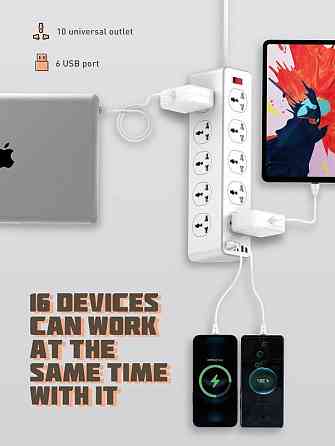 Мережевий подовжувач LDNIO 10 Розеток, 5 USB, 1 Type-C SC10610 (Білий, 2м) Миколаїв