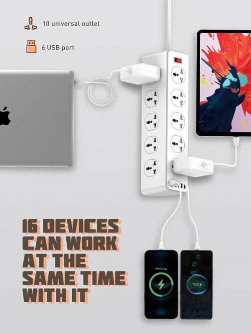 Мережевий подовжувач LDNIO 10 Розеток, 5 USB, 1 Type-C SC10610 (Білий, 2м) Миколаїв - фото 6