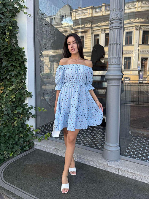 Женское романтическое легкое принтованное платье с открытыми плечами муслин Голубой, 46/48 Одесса - изображение 4