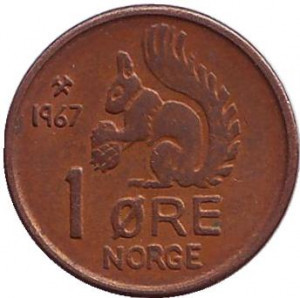Белка. Монета 1 эре. 1964,67 год, Норвегия. (БД) Полтава - изображение 1