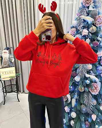 Женское уютное оверсайз худи с новогодним принтом трехнитка на флисе Красный, 48/52 Одесса