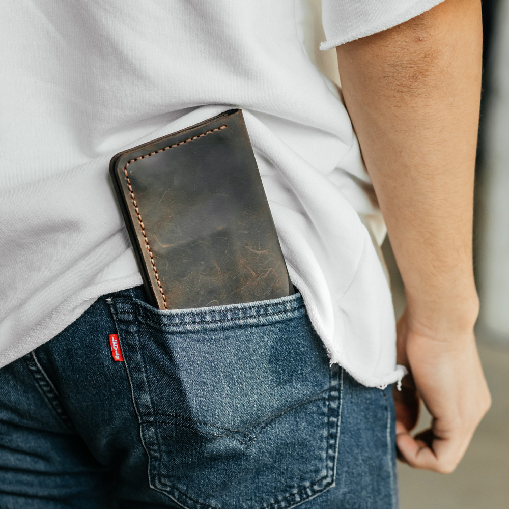 Клатч чоловічий шкіряний Лонгер Коричневий стильний на кнопках 20х10 см з відділеннями для купюр, карт та монетMasterSem Київ - фото 3