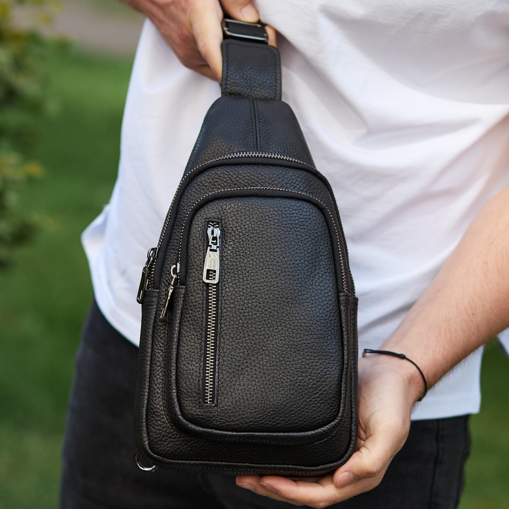 Брендова чоловіча нагрудна сумка рюкзак слінг з натуральної шкіри молодіжна шкіряна чорна сумочка на плече Tiding Bag Київ - фото 2
