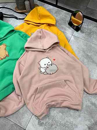 Женское уютное теплое худи оверсайз с милым принтом трехнитка Тедди + трехнитка с начесом пенье Пудра Одесса
