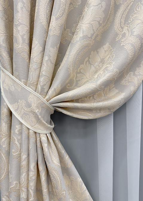 Комплект готовых штор VR-Textil Лен Корона Мария № 1268ш Светло-серый с золотистым 150х270 см 2 шт (33-0096) Киев - изображение 5