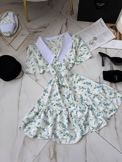 Женское принтованное мини платье на пуговицах с белым воротником турецкий штапель / софт 44/46, Белый 2 Одесса - изображение 4