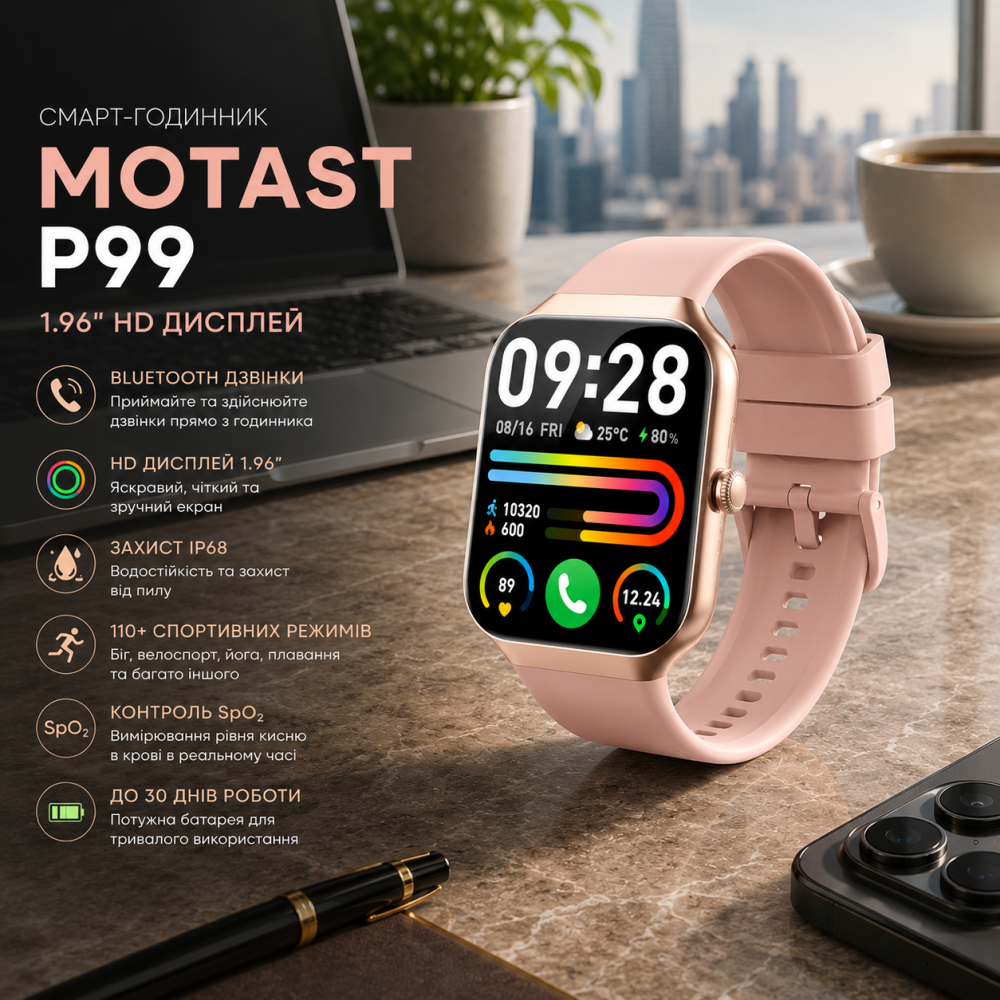 Смарт-годинник Motast P99 Black 1.96" HD, Bluetooth дзвінки, IP68, 110+ спортивних режимів, до 30 днів автономності Київ - фото 8