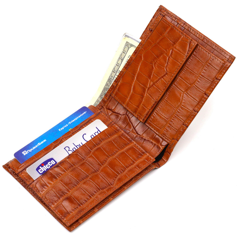 Чоловічий гаманець горизонтальний з натуральної фактурної шкіри з тисненням під крокодила CANPELLINI 21781 Рудий Київ - фото 3