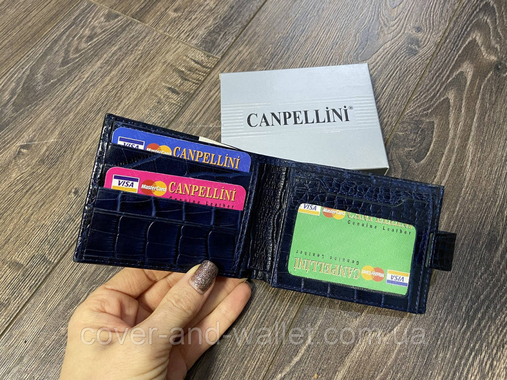 Компактний чоловічий гаманець синього кольору із натуральної шкіри під рептилію Сanpellini Київ - фото 8