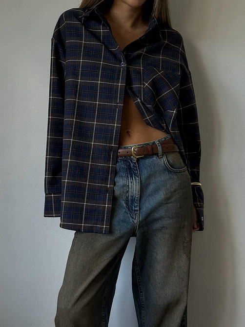 Жіноча трендова сорочка оверсайз у клітинку фланель Джинс Одеса - фото 2