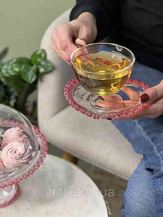 Чашка з блюдцем "Рожеве серце" для чаю 200 мл, прозора з рожевим обідком у вигляді серця Київ