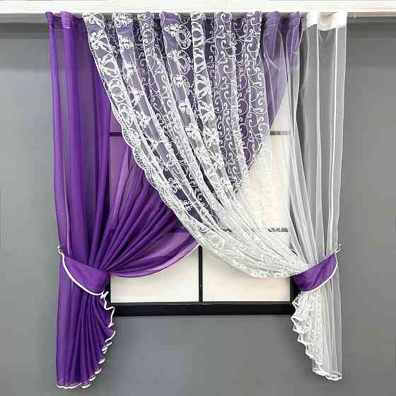 Кухонные шторки VR-Textil № 101к с подвязками фиолетовый с белым 330х170 см (52-1199) Киев